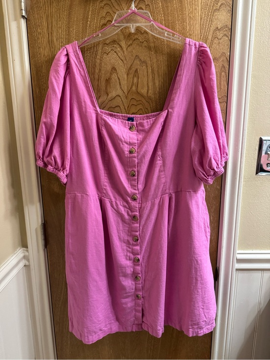 Old Navy Dresses & Skirts - Old Navy Linen Blend Pink Button Down Peplum Dress Puff Sleeves Plus 2X Pockets